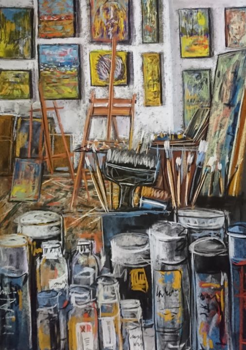 Painting titled "Mon atelier" by Nathalie Jaguin, Original Artwork, Pastel