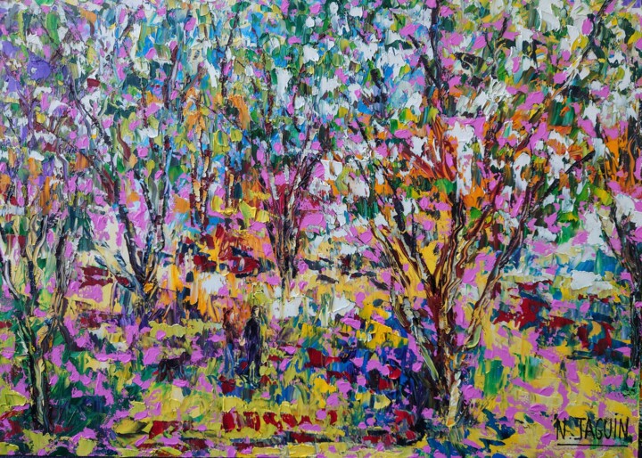 Pittura intitolato "Jardin du Paradis 2" da Nathalie Jaguin, Opera d'arte originale, Olio Montato su Telaio per barella in l…