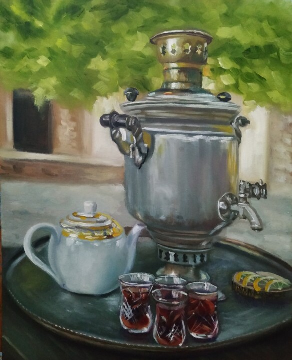 Schilderij getiteld "Azerbaijani tea" door Jahangir Seyidov, Origineel Kunstwerk, Olie