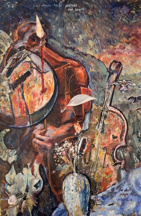 Painting titled "Play Music That Pie…" by Jake Sheykhet, Original Artwork, Oil