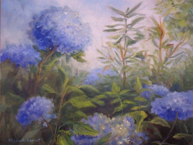Malerei mit dem Titel "Hydrangea Landscape" von Elizabeth Sennett, Original-Kunstwerk, Öl