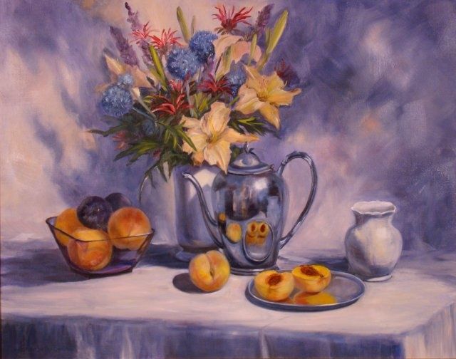 Malerei mit dem Titel "Daylilies and Peach…" von Elizabeth Sennett, Original-Kunstwerk, Öl