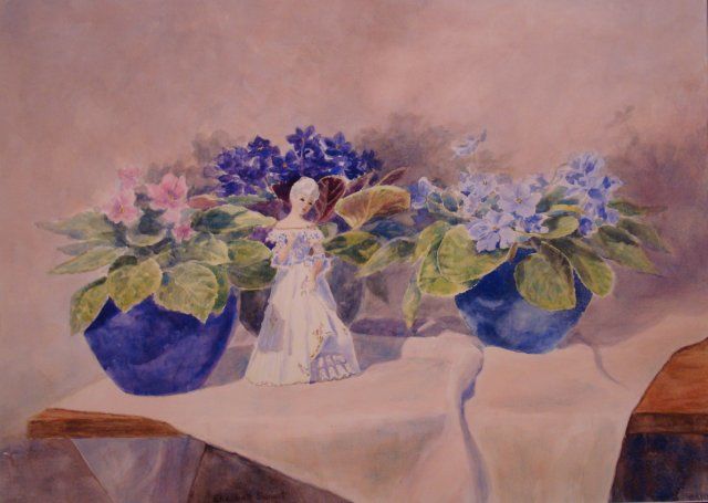 Painting titled "Eve in the Violets" by Elizabeth Sennett, Original Artwork, Oil