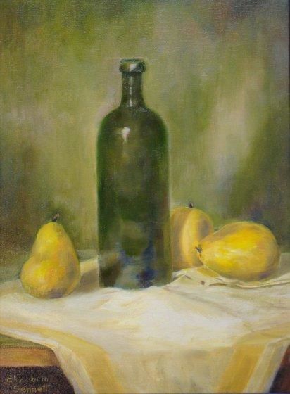 Painting titled "Old Bottle with Pea…" by Elizabeth Sennett, Original Artwork, Oil