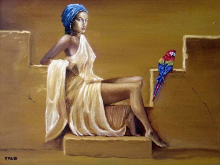 Malerei mit dem Titel "woman with parrot" von Ivan Lenardic, Original-Kunstwerk