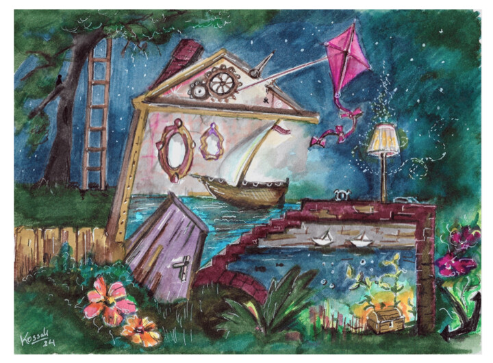 Peinture intitulée "Dreams - Magic House" par Jakub Kossakowski (Art After Hours), Œuvre d'art originale, Aquarelle