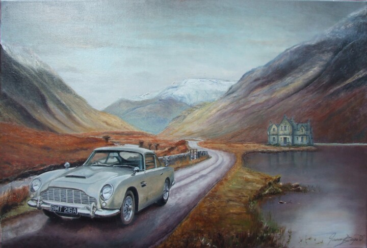 Painting titled "James Bond Aston Ma…" by James Bagatel, Original Artwork, Oil Mounted on Wood Stretcher frame