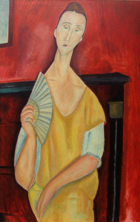 Painting titled "Woman with Fan Jame…" by James Bagatel, Original Artwork, Oil Mounted on Wood Stretcher frame