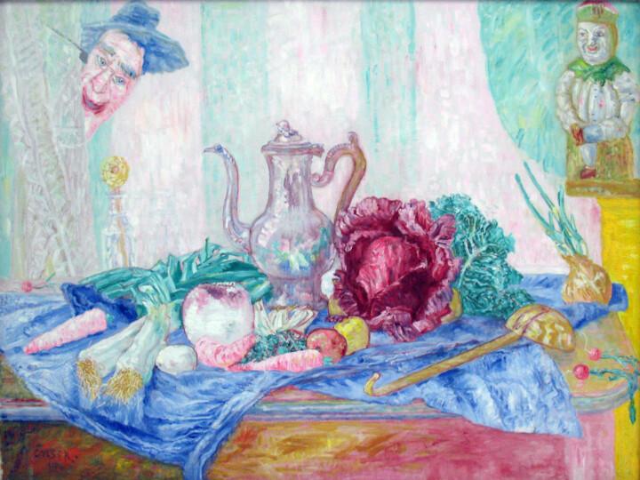 Картина под названием "Nature morte avec u…" - James Ensor, Подлинное произведение искусства, Масло