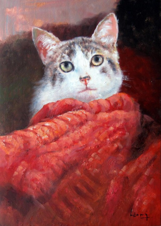 Painting titled "Cat 101" by James Shang, Original Artwork, Oil Mounted on Wood Stretcher frame