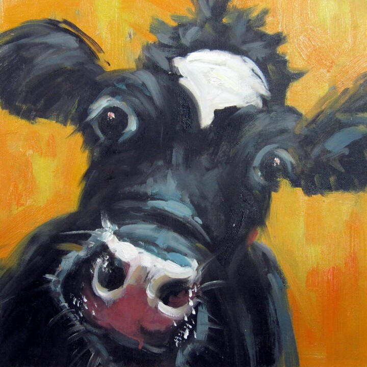 Painting titled "Cow #109" by James Shang, Original Artwork, Oil Mounted on Wood Stretcher frame