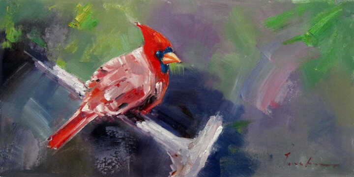 Painting titled "Cardinal #102" by James Shang, Original Artwork, Oil Mounted on Wood Stretcher frame