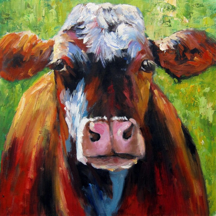 Painting titled "Cow #002D" by James Shang, Original Artwork, Oil Mounted on Wood Stretcher frame