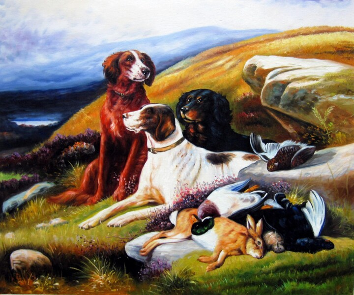 Картина под названием "Hunting dogs #002" - James Shang, Подлинное произведение искусства, Масло Установлен на Деревянная ра…