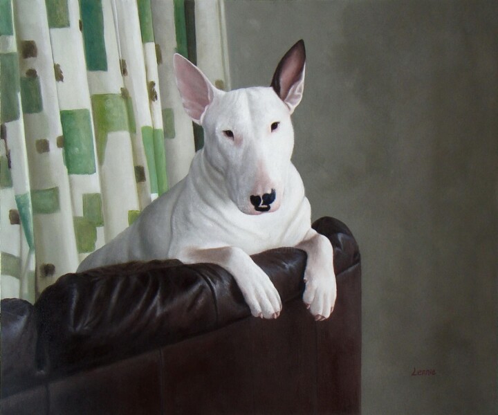 Painting titled "Portrait pet Dog 001" by James Shang, Original Artwork, Oil Mounted on Wood Stretcher frame