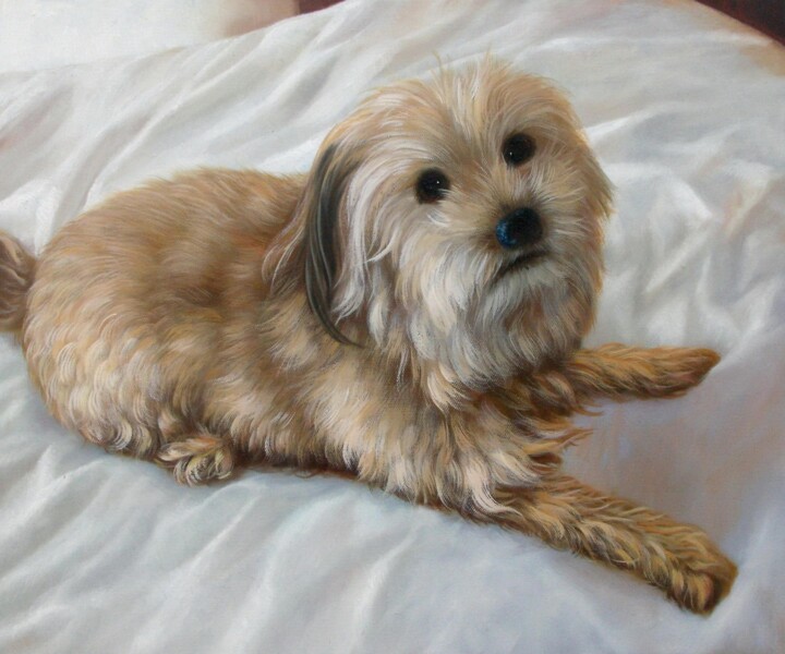 Painting titled "Portrait pet Dog 002" by James Shang, Original Artwork, Oil Mounted on Wood Stretcher frame