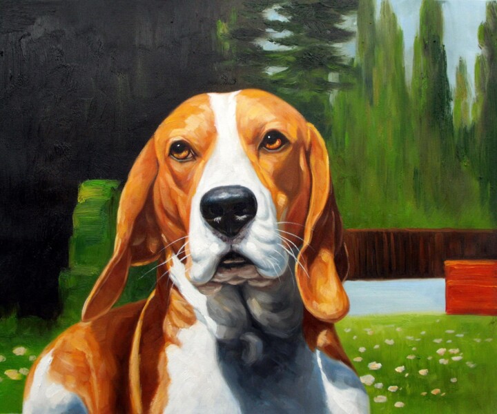 Painting titled "Portrait pet Dog 004" by James Shang, Original Artwork, Oil Mounted on Wood Stretcher frame