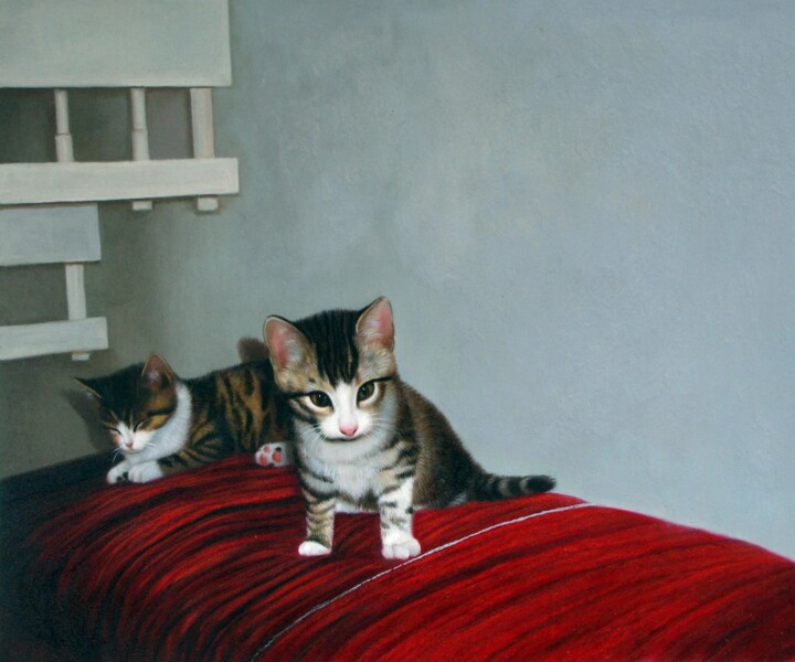 Painting titled "Portrait pet cat 008" by James Shang, Original Artwork, Oil Mounted on Wood Stretcher frame