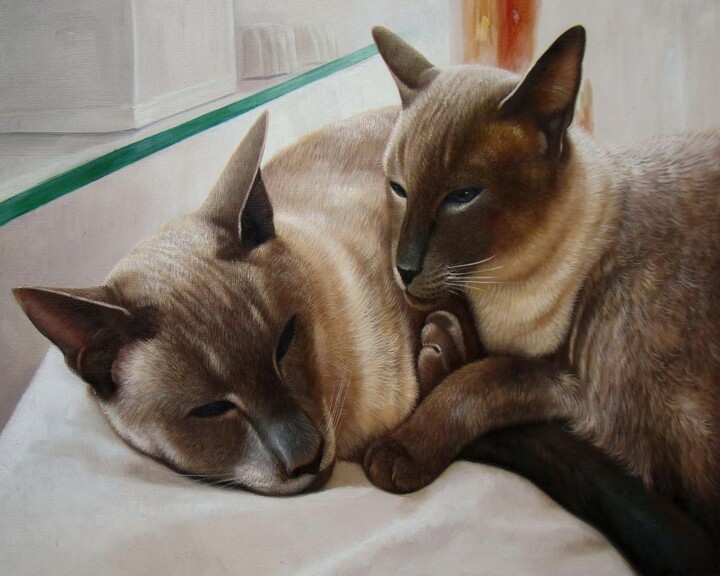 Painting titled "Portrait pet cat 010" by James Shang, Original Artwork, Oil Mounted on Wood Stretcher frame