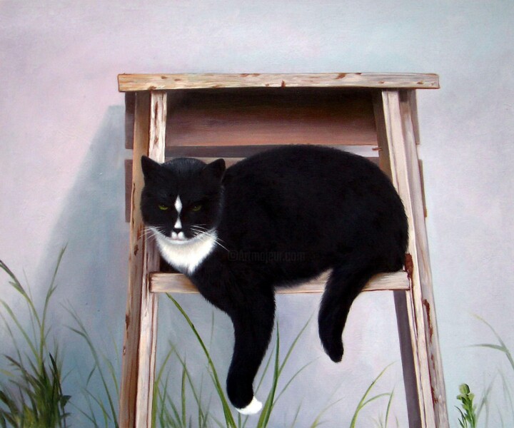 Peinture intitulée "Portrait pet cat 011" par James Shang, Œuvre d'art originale, Huile Monté sur Châssis en bois