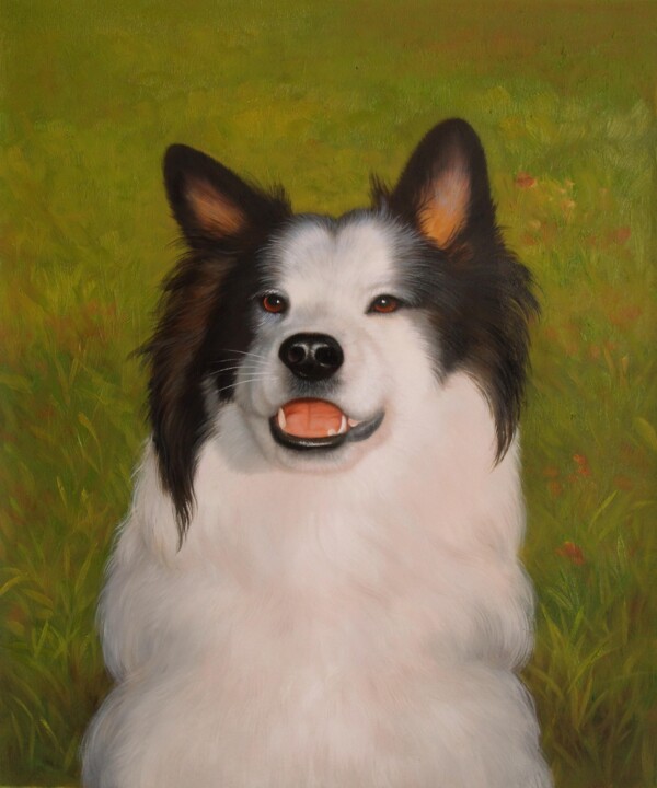 Painting titled "Portrait pet dog 016" by James Shang, Original Artwork, Oil Mounted on Wood Stretcher frame