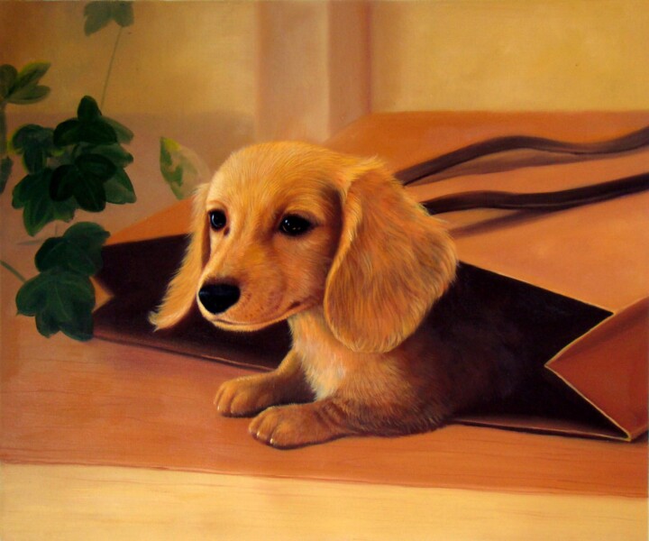 Painting titled "Portrait pet dog 019" by James Shang, Original Artwork, Oil Mounted on Wood Stretcher frame