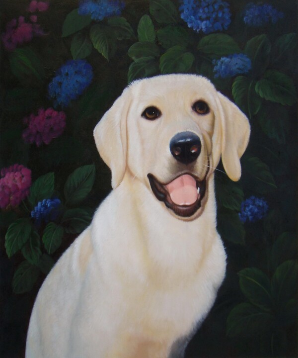 Painting titled "Portrait pet dog 020" by James Shang, Original Artwork, Oil Mounted on Wood Stretcher frame