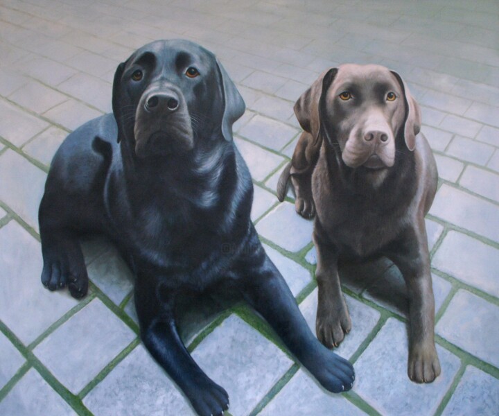 Painting titled "Portrait pet dog 027" by James Shang, Original Artwork, Oil Mounted on Wood Stretcher frame
