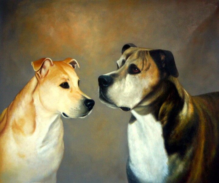 Painting titled "Portrait pet dog 033" by James Shang, Original Artwork, Oil Mounted on Wood Stretcher frame