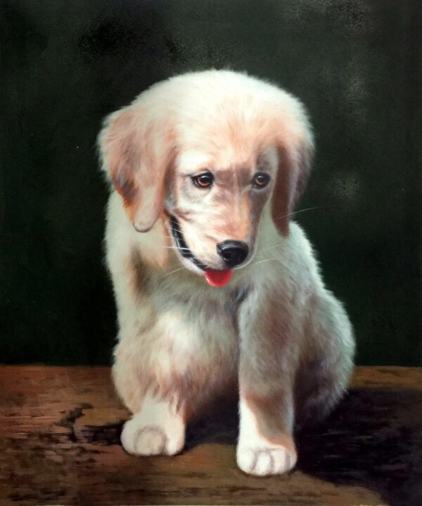 Painting titled "Portrait pet dog 036" by James Shang, Original Artwork, Oil Mounted on Wood Stretcher frame