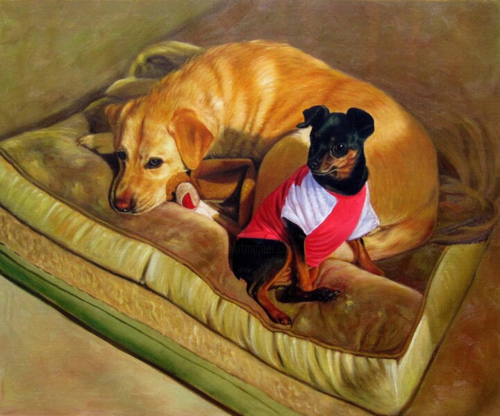 Painting titled "Portrait pet dog 039" by James Shang, Original Artwork, Oil Mounted on Wood Stretcher frame