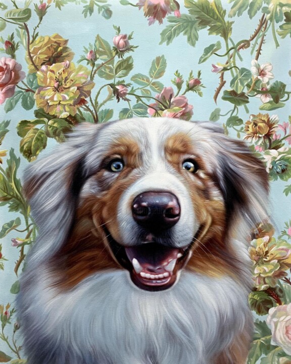 Painting titled "Portrait pet dog 041" by James Shang, Original Artwork, Oil Mounted on Wood Stretcher frame
