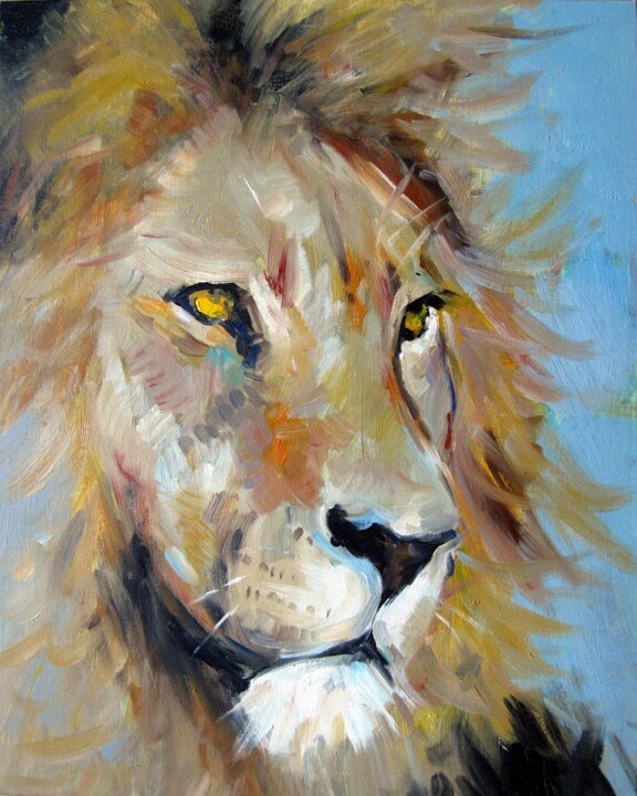 Painting titled "Lion 001" by James Shang, Original Artwork, Oil Mounted on Cardboard