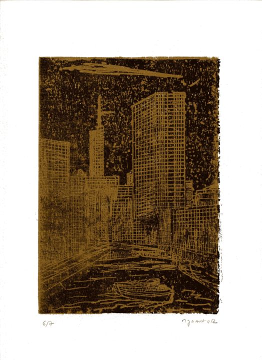 Prenten & gravures getiteld "Chicago-Brun" door Michel Jamet, Origineel Kunstwerk, Ets