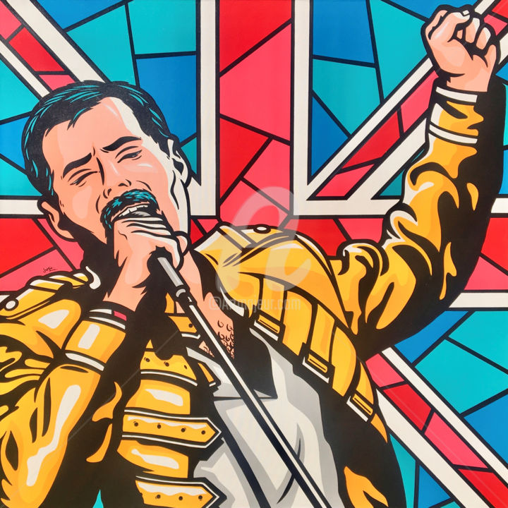 「Freddie Mercury」というタイトルの絵画 Jamie Leeによって, オリジナルのアートワーク, アクリル ウッドストレッチャーフレームにマウント