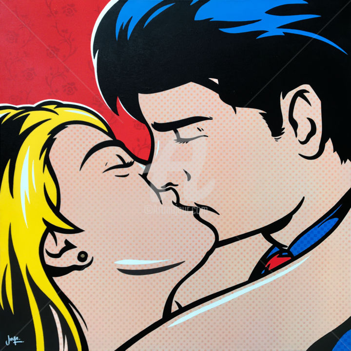Painting titled "The Kiss" by Jamie Lee, Original Artwork, Acrylic Mounted on Wood Stretcher frame