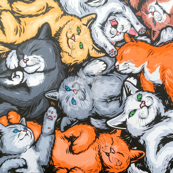 Painting titled "Cats" by Jamie Lee, Original Artwork, Acrylic Mounted on Wood Stretcher frame