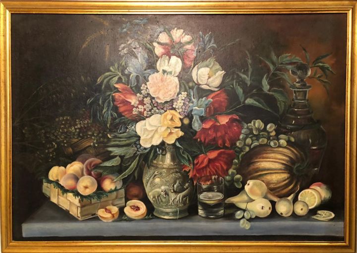 Malerei mit dem Titel "Foxes on a Vase, Fl…" von Jan Chrucki, Original-Kunstwerk, Öl