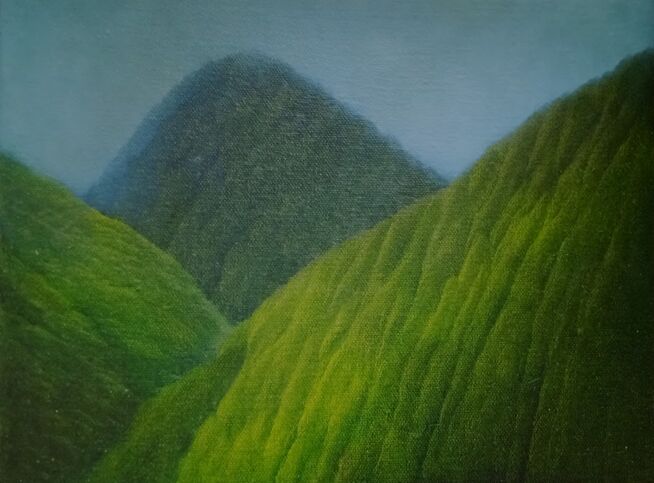 Картина под названием "Mountainscape XVII" - Jan De Vleeschauwer, Подлинное произведение искусства, Масло Установлен на Дере…