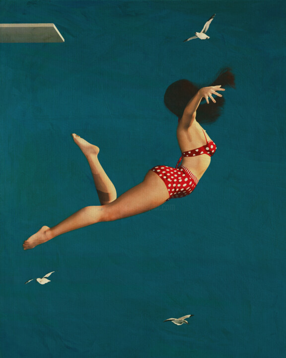 Digitale Kunst getiteld "Girl Diving Into th…" door Jan Keteleer, Origineel Kunstwerk, Digitaal Schilderwerk Gemonteerd op A…