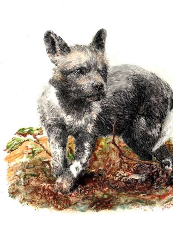 Drawing titled "Wolves play too - I…" by Jan Lowe, Original Art, Watercolor