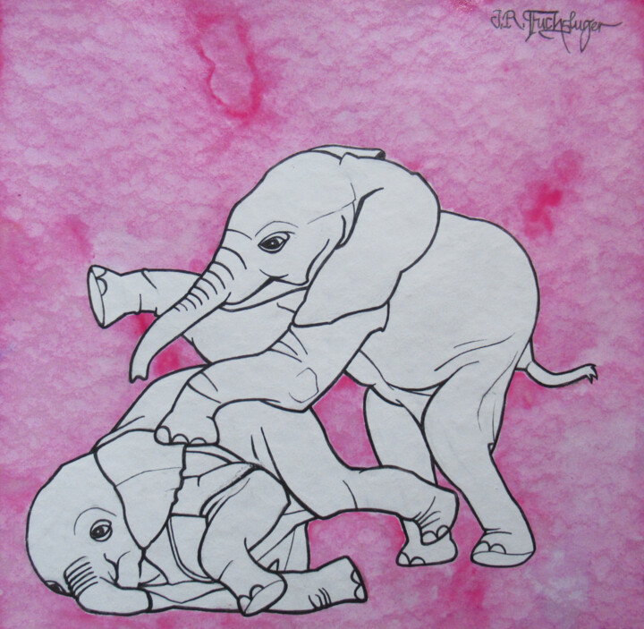 Tekening getiteld "Spielende Elephante…" door Jan René Fuchsluger, Origineel Kunstwerk, Inkt