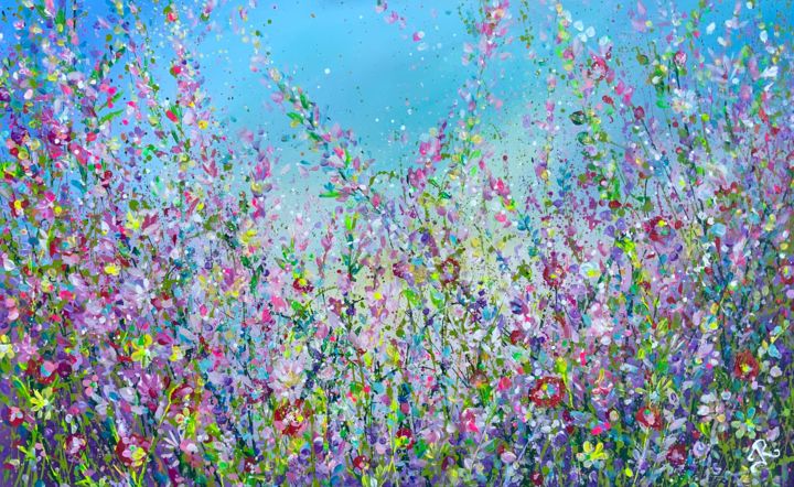 Painting titled "Blue Floral Meadow" by Jan Rogers, Original Artwork, Acrylic