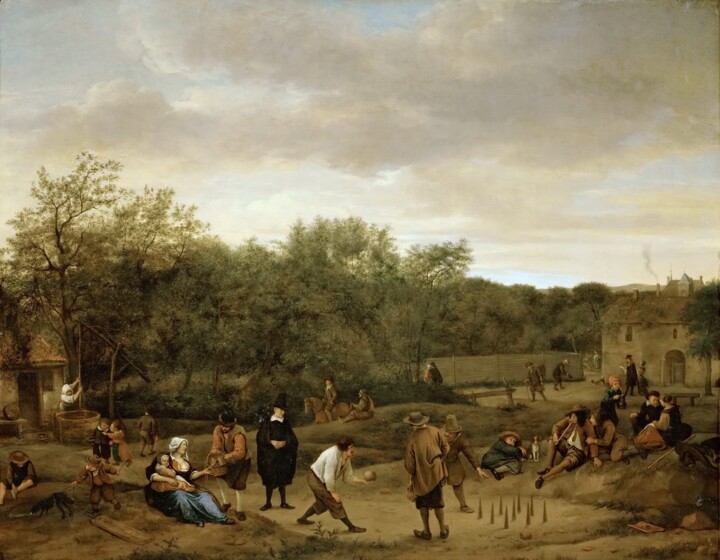 Peinture intitulée "Le jeu de quilles" par Jan Steen, Œuvre d'art originale, Huile
