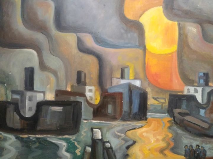 Painting titled "Shipyard" by Jan Van Wijck, Original Artwork, Acrylic