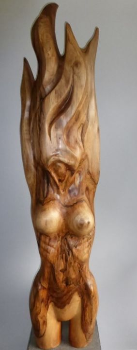 Sculpture titled "FIERY WOMAN" by Jan Van Braekel, Original Artwork, Wood