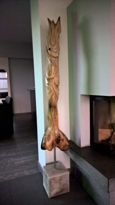Sculpture titled "RISING FLAME" by Jan Van Braekel, Original Artwork, Wood