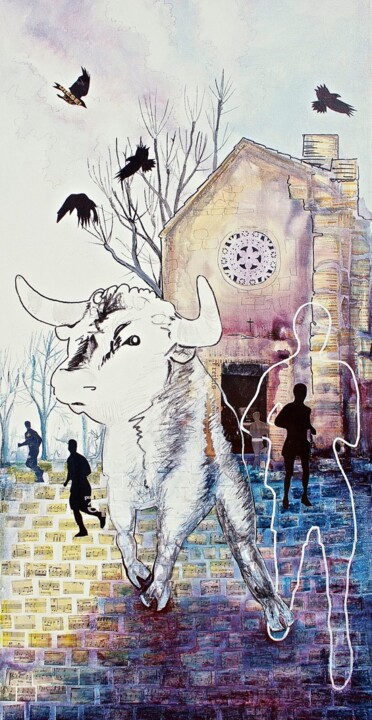 Pintura titulada "Bull Running- Tourb…" por Jane Appleton, Obra de arte original, Acrílico