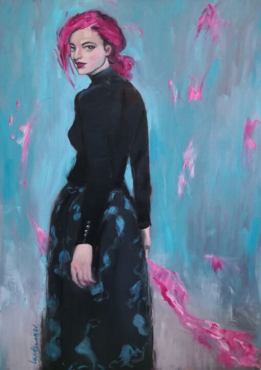 Картина под названием "A girl with pink ha…" - Jane Lantsman, Подлинное произведение искусства, Масло