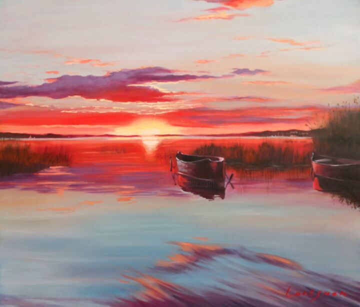 Pintura titulada "Sunset on the lake…" por Jane Lantsman, Obra de arte original, Oleo